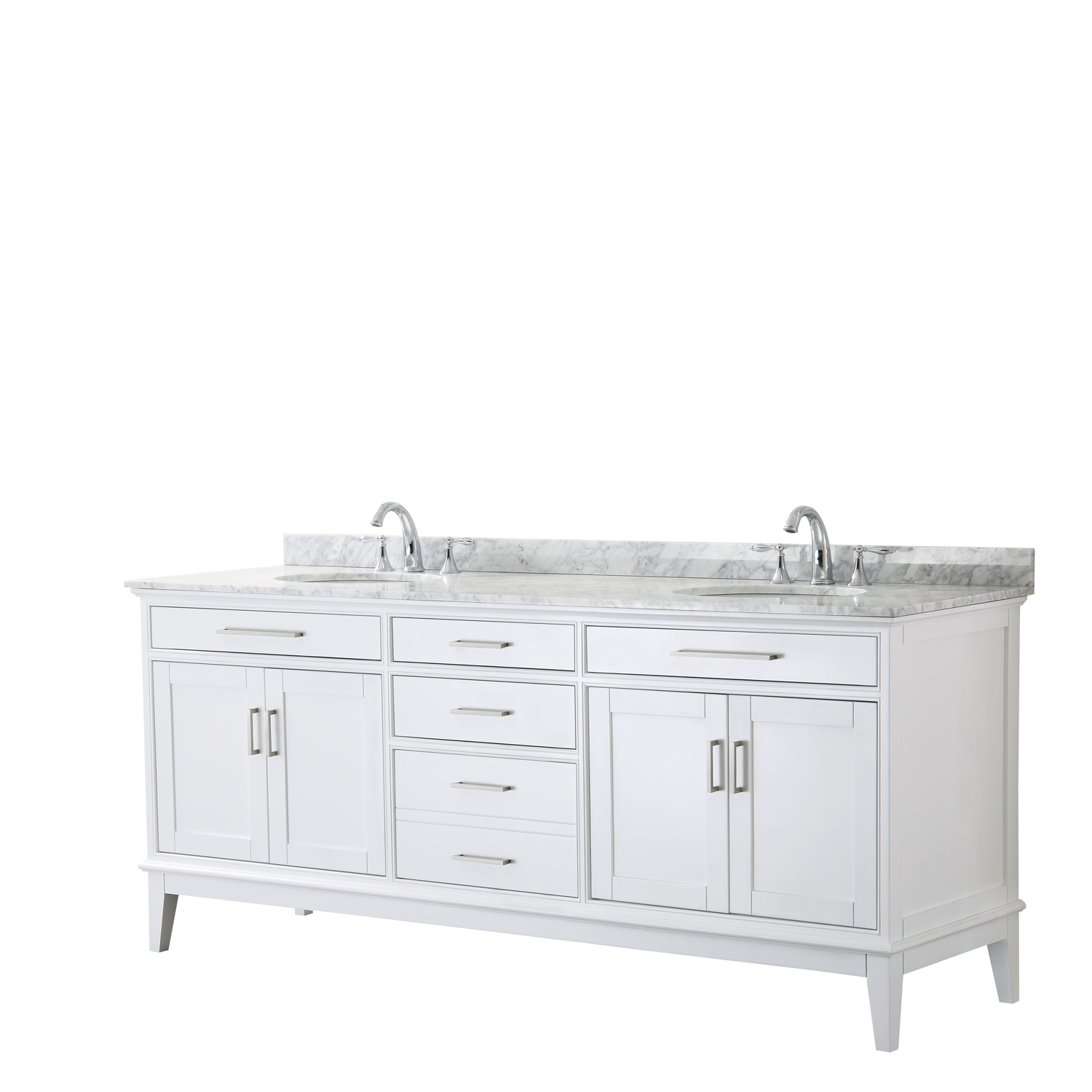 Contemporary 80" Double Bathroom Vanity in White, White Carrara Marble Countertop with Undermount Sinks, and Mirror Options