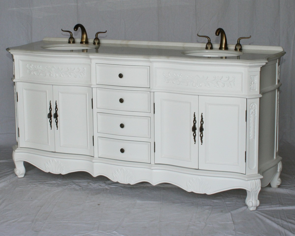 72" Adelina Antique Style Double Sink Bathroom Vanity in Pure White Finish with Imperial White Stone Countertop and Oval White Porcelain Sink