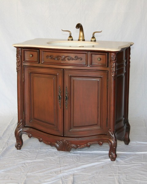 36" Adelina Antique Style Single Sink Bathroom Vanity in Cherry Finish with Beige Stone Countertop