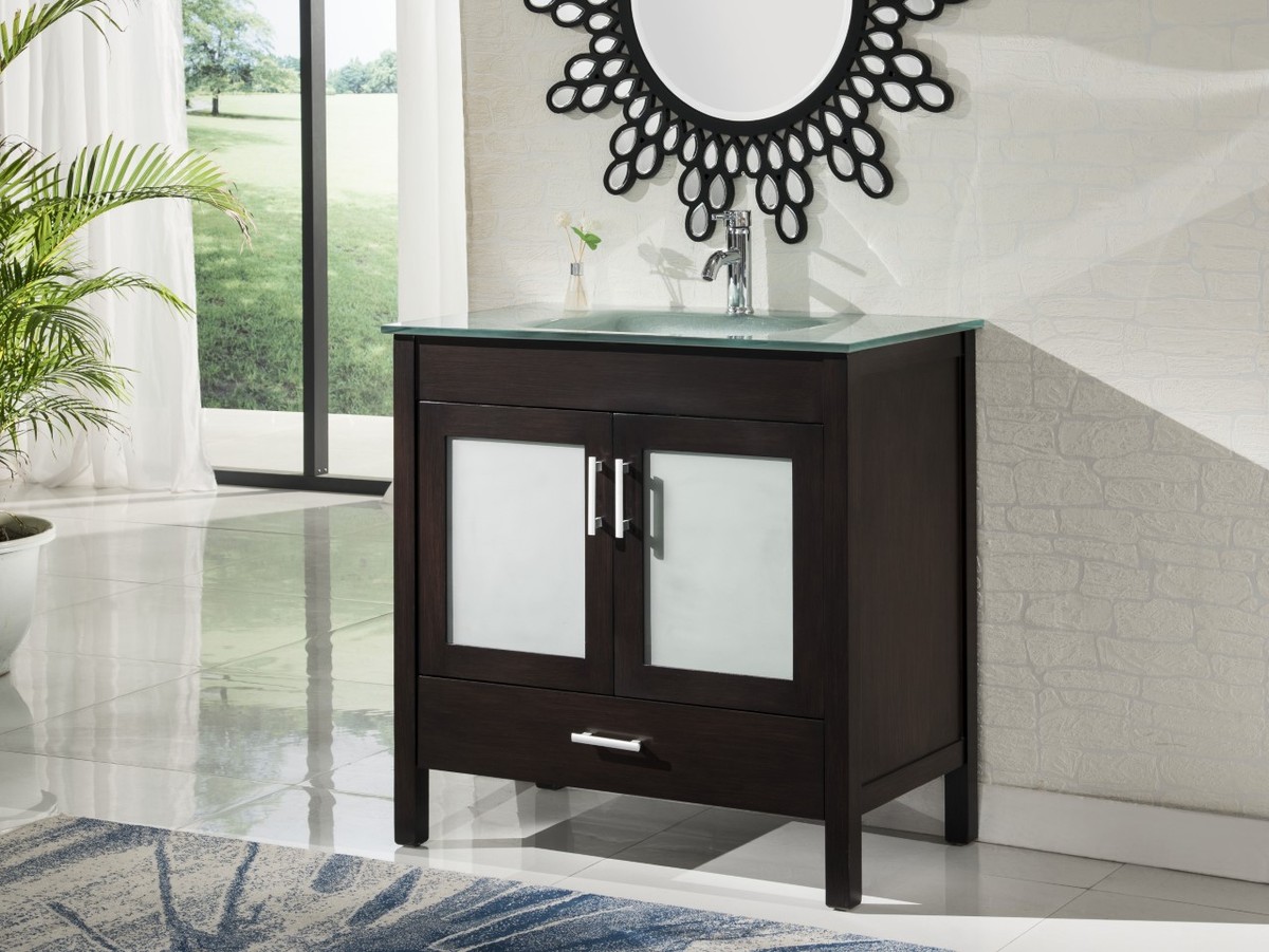 36" Adelina Contemporary Style Espresso Single Sink Bathroom Vanity with Tempered Glass Countertop