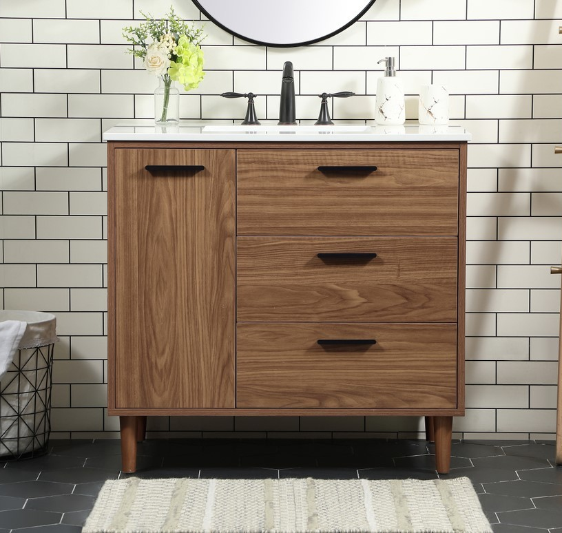 36 inch Modern Fitting Single Bathroom Vanity in Walnut Brown with Backsplash Option