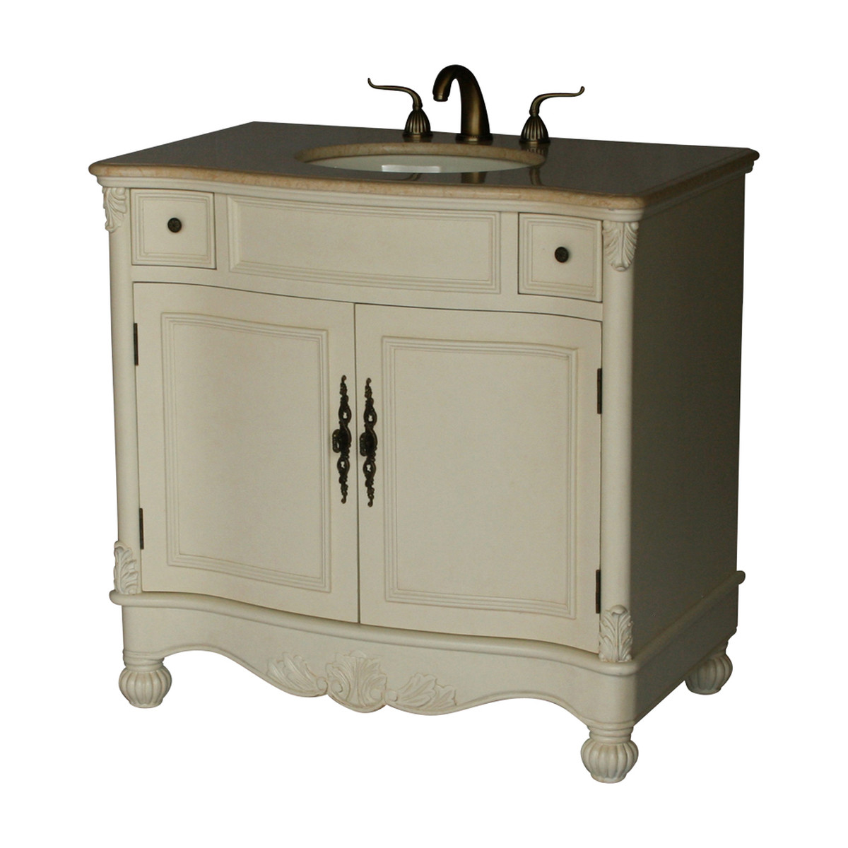 36" Adelina Antique Style Single Sink Bathroom Vanity with Beige Stone Countertop and Antique White Finish