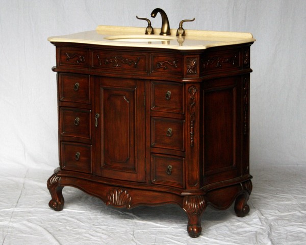 40" Adelina Antique Style Single Sink Bathroom Vanity in Walnut Finish with Cream Marble Stone Countertop and Oval Bone Porcelain Sink