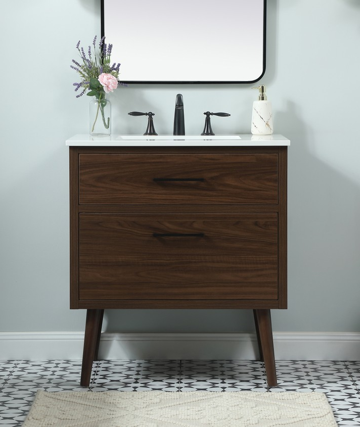 30 inch Single Bathroom Vanity in Walnut with Backsplash Option