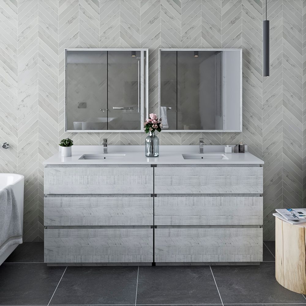 72" Floor Standing Double Sink Modern Bathroom Vanity w/ Mirrors in Rustic White