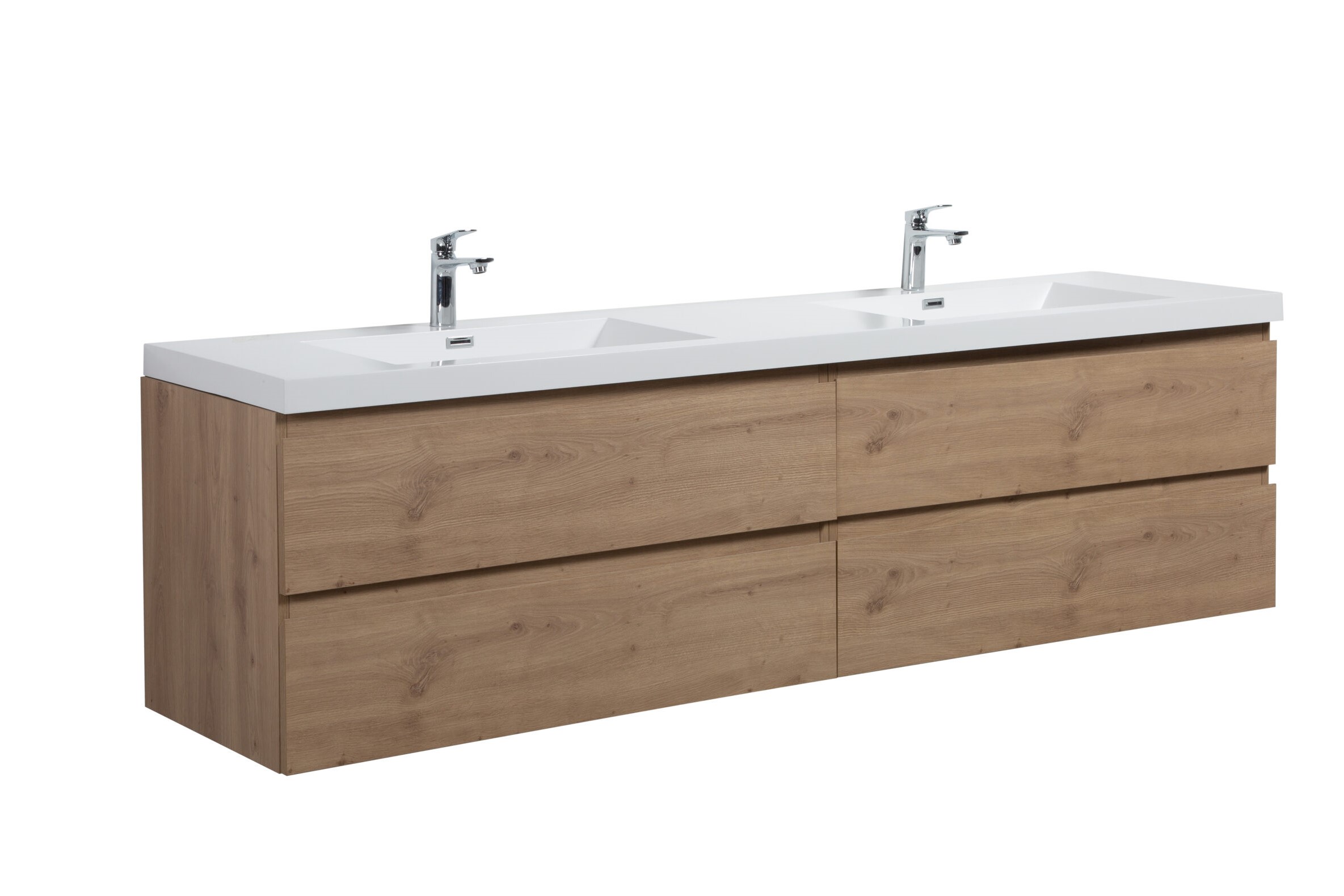 Aurora 84" Sonoma Oak Wall Hung Double Sink Bathroom Vanity with White Acrylic Countertop