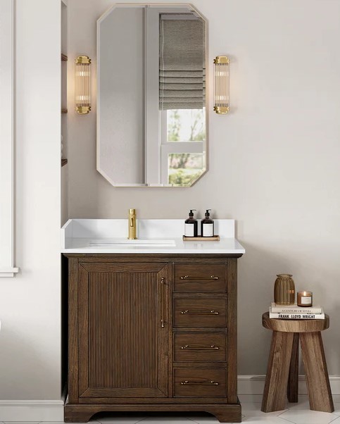 Issac Edwards 36" Freestanding Single Bath Vanity in Aged Dark Brown Oak with Silk White Quartz Stone Top and Mirror