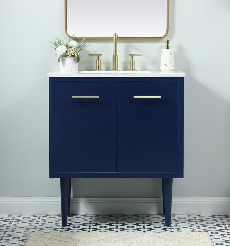 30 inch Single Bathroom Vanity in Blue with Two Finish Options and matching Backsplash Option