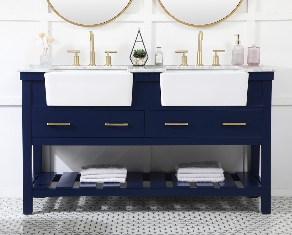 60 inch Double Bathroom Vanity in Blue with Three Finish Options