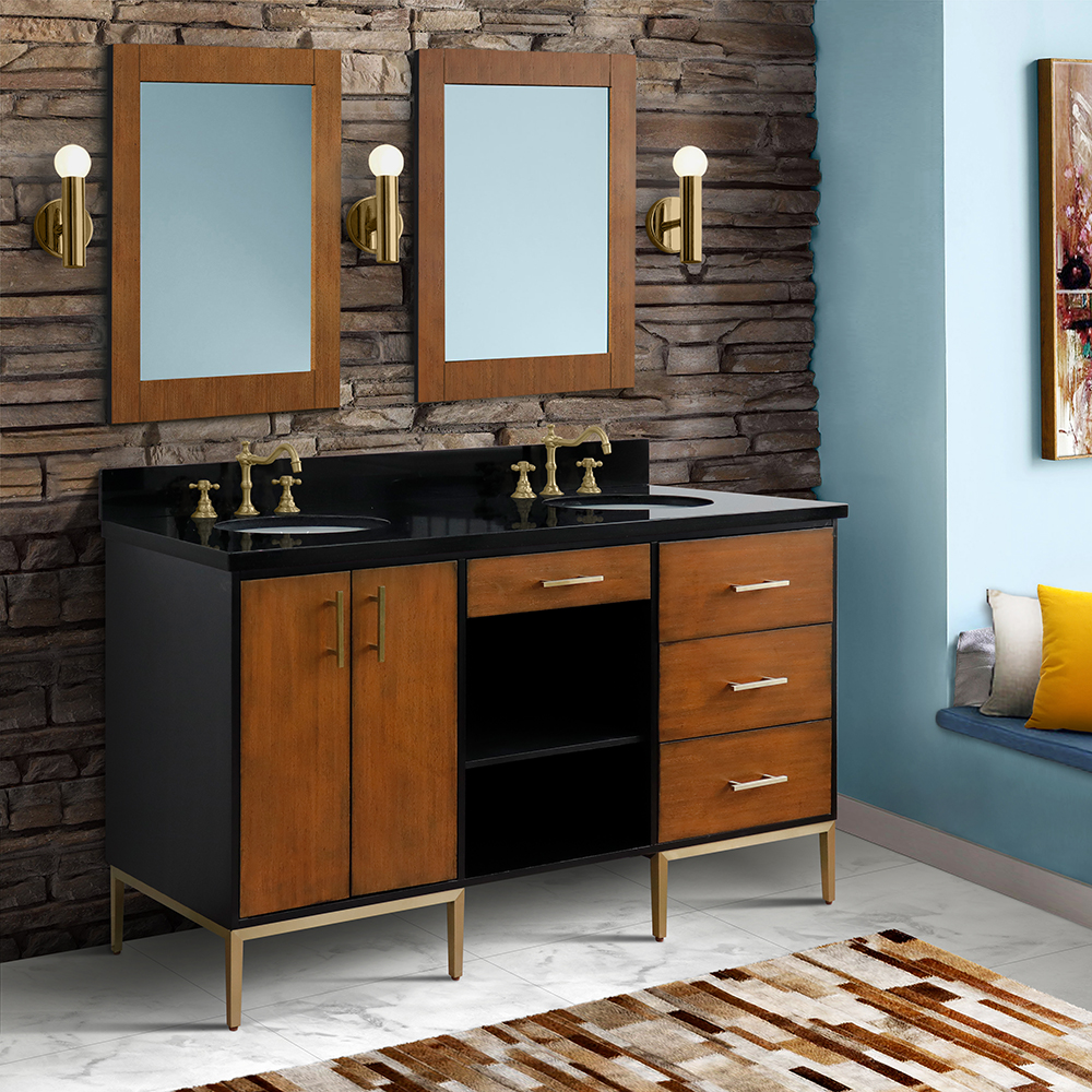 61" Double Sink Bathroom Vanity in Walnut and Black Finish with Countertop and Sink Options