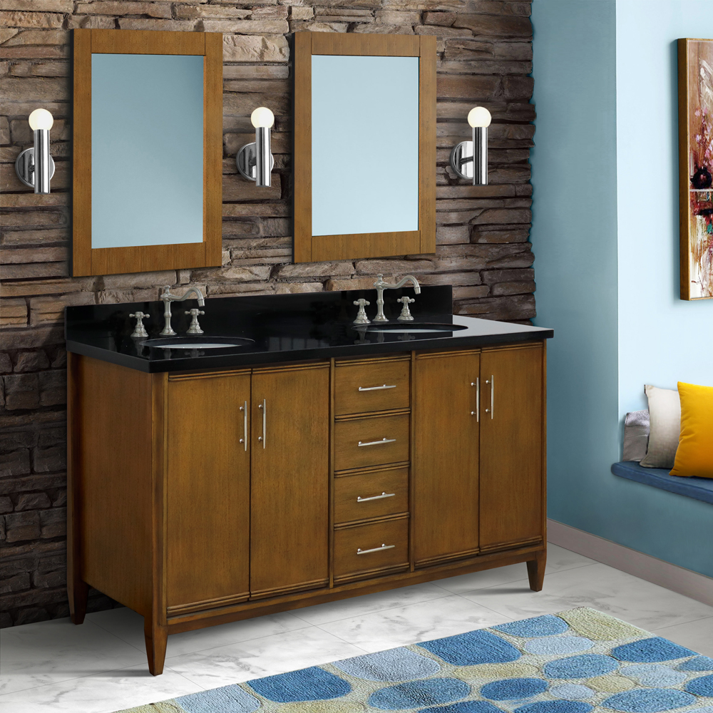 61" Double Sink Vanity in Walnut Finish with Countertop and Sink Options