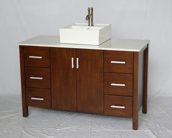 48" Adelina Contemporary Style Single Sink Bathroom Vanity in Walnut Finish with Imperial White Stone Countertop and Square White Porcelain Sink