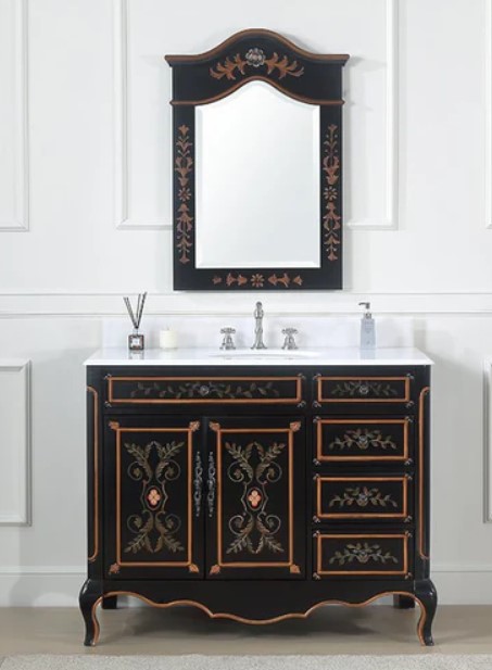 42 Inch Black Hand-Painted Floral Adelina Bathroom Vanity With Side Drawers, with Backsplash option and Mirror