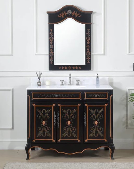 42 inch Black Hand-Painted Floral Adelina Side Cabinet Bathroom Vanity with Backsplash option and Mirror