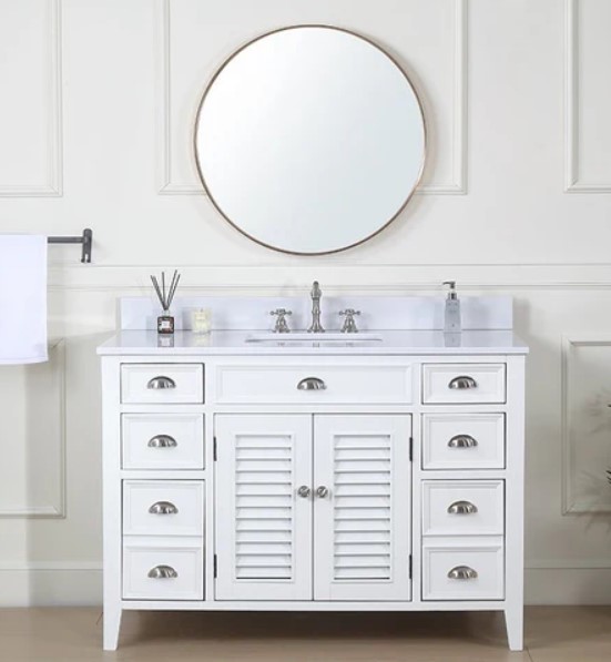 46 Inch White Adelina With Plantation Style Single Sink Bathroom Vanity with Backsplash option and Mirror