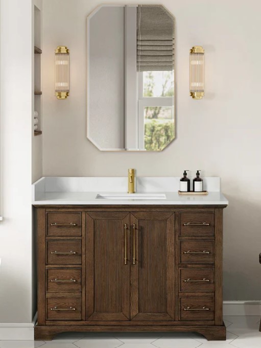 Issac Edwards 48" Freestanding Single Bath Vanity in Aged Dark Brown Oak with Silk White Quartz Stone Top and Mirror