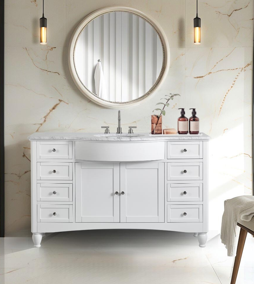 58-inch Carrara White Marble Top Single Sink Bathroom Vanity in White