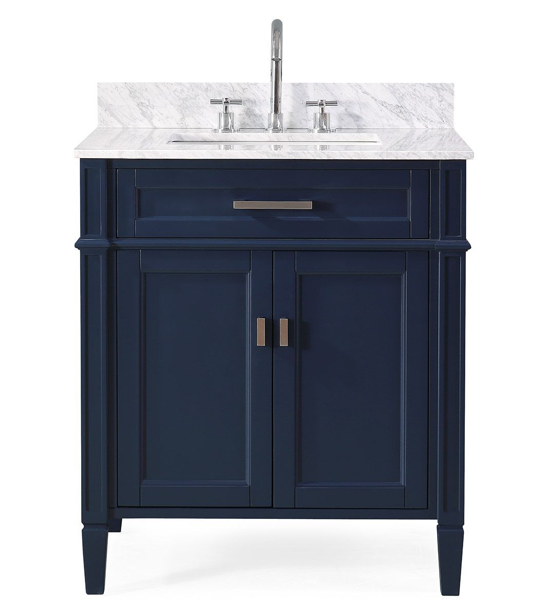 30" Navy Blue Contemporary Single Sink Bathroom Vanity with White Quartz Countertop