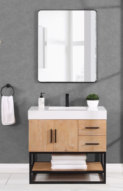 Issac Edwards 36" Single Bathroom Vanity in Light Brown with Matte Black Support Base and White Composite Stone Countertop with Mirror