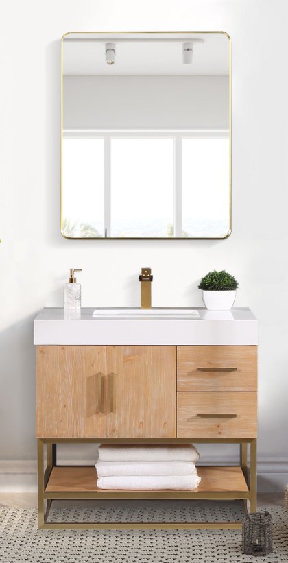 Issac Edwards 36" Single Bathroom Vanity in Light Brown with Brushed Gold Support Base and White Composite Stone Countertop with Mirror