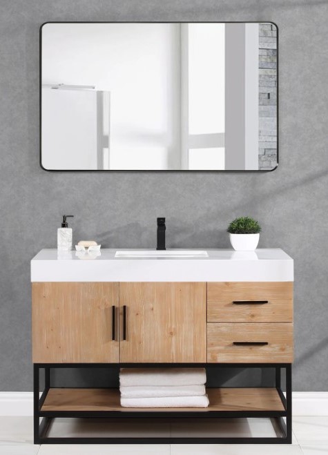 Issac Edwards 48D" Single Bathroom Vanity in Light Brown with Matte Black Support Base and White Composite Stone Countertop with Mirror