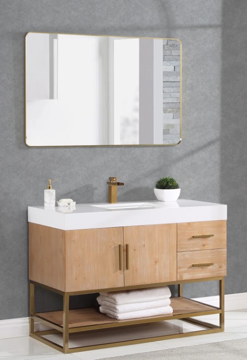 Issac Edwards 48D" Single Bathroom Vanity in Light Brown with Brushed Gold Support Base and White Composite Stone Countertop with Mirror