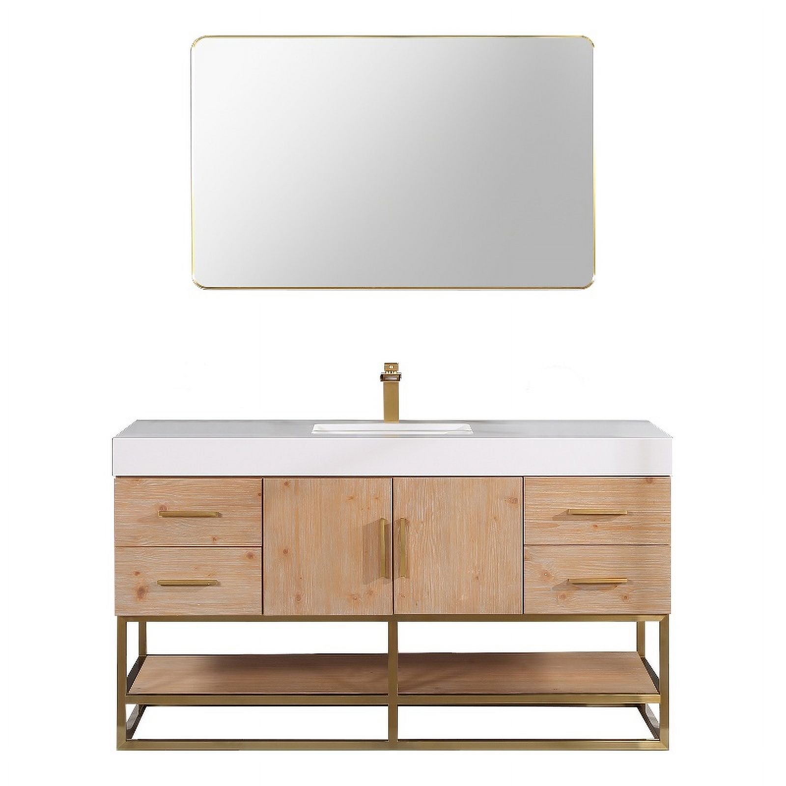 Issac Edwards 60" Single Bathroom Vanity in Light Brown with Brushed Gold Support Base and White Composite Stone Countertop with Mirror