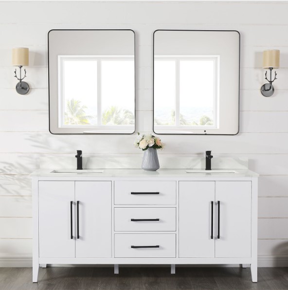 Issac Edwards 72" Double Bathroom Vanity in White with Calacatta White Quartz Stone Countertop with Mirror