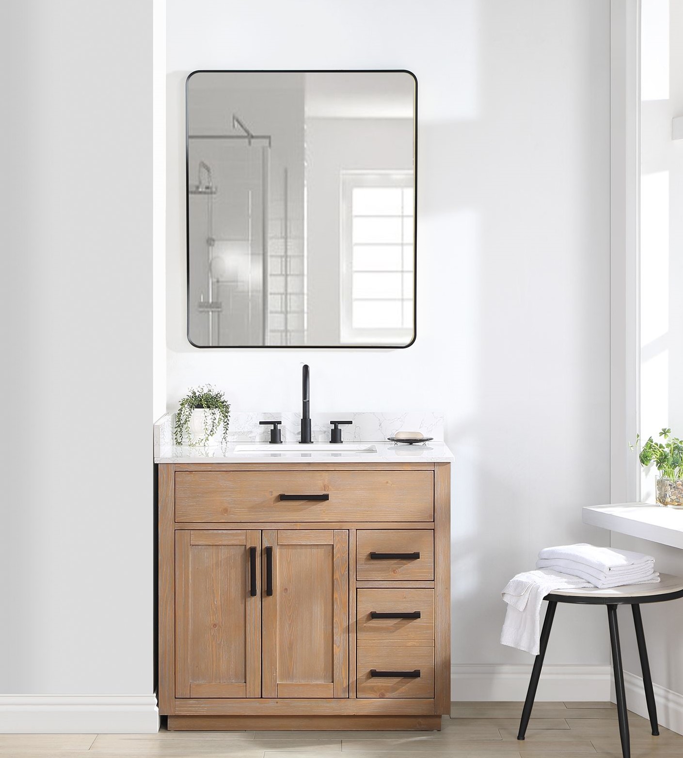 Issac Edwards 36" Single Bathroom Vanity in Light Brown with Grain White Composite Stone Countertop with Mirror