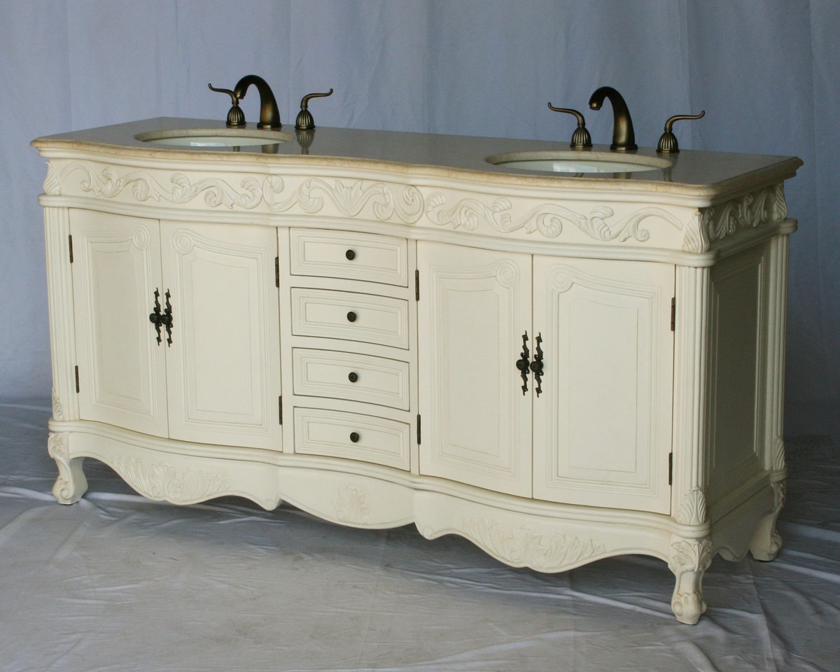68" Adelina Antique Style Double Sink Bathroom Vanity in Antique White Finish with Beige Stone Countertop and Oval Bone Porcelain Sink