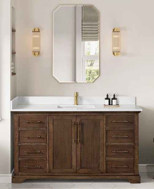 Issac Edwards 60" Freestanding Single Bath Vanity in Aged Dark Brown Oak with Silk White Quartz Stone Top and Mirror