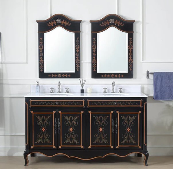 60 Inch Black Hand-Painted Floral Adelina Double Sink Bathroom Vanity with Backsplash option and Mirror