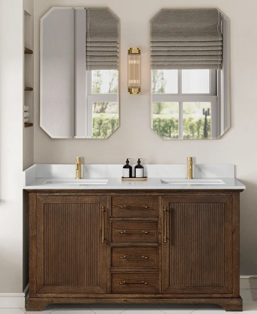Issac Edwards 60M" Freestanding Double Bath Vanity in Aged Dark Brown Oak with Silk White Quartz Stone Top and Mirror