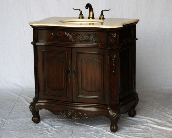 34" Adelina Antique Style Single Sink Bathroom Vanity in Walnut Finish with Beige Stone Countertop