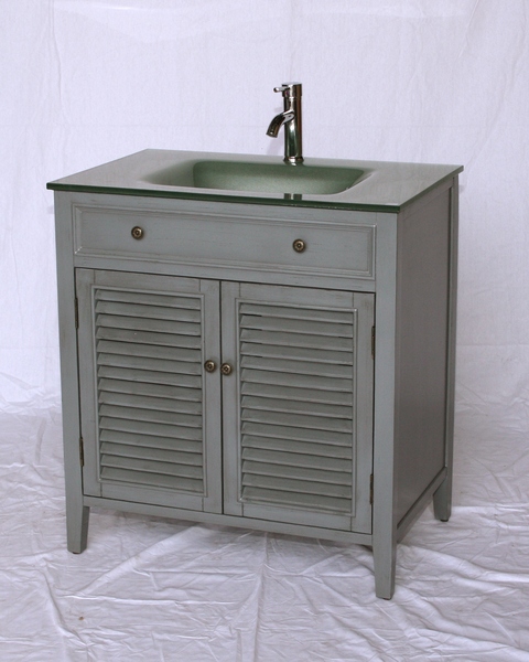 32" Adelina Cottage Style Single Sink Bathroom Vanity in Grey Finish with Tempered Glass Countertop