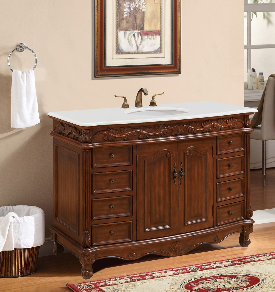 48 inch Single Bathroom Vanity in Teak Color with Ivory White Marble