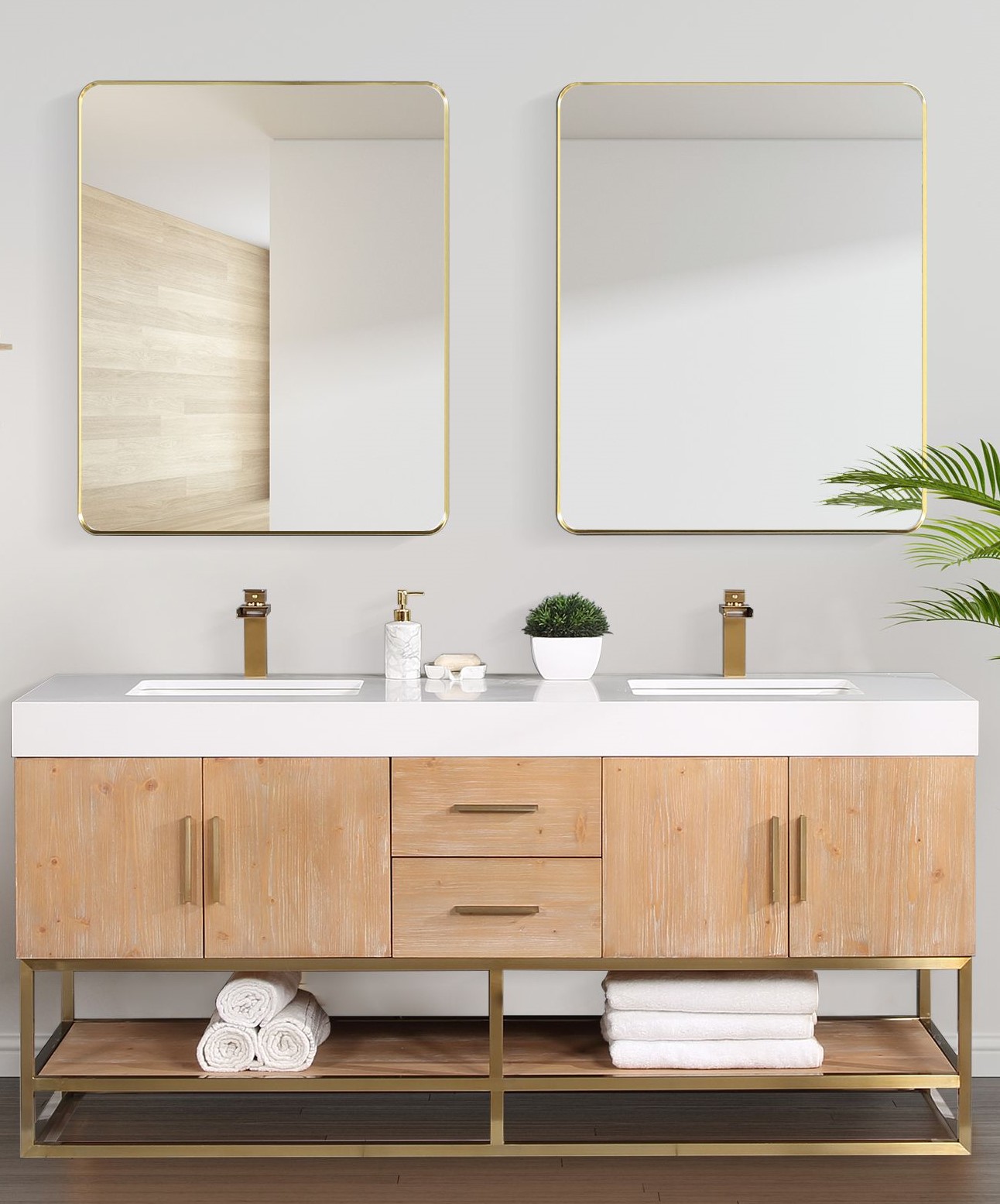 Issac Edwards 72" Double Bathroom Vanity in Light Brown with Brushed Gold Support Base and White Composite Stone Countertop with Mirror