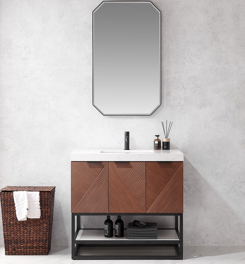 Issac Edwards 36B" Free-standing Single Bath Vanity in North American Deep Walnut with White Grain Composite Stone Top and Mirror