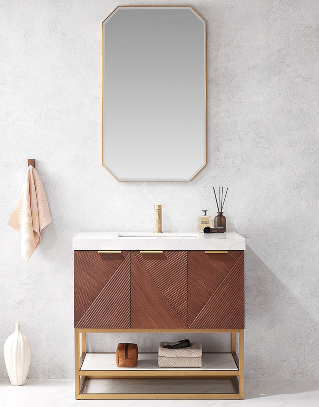 Issac Edwards 36G" Free-standing Single Bath Vanity in North American Deep Walnut with White Grain Composite Stone Top and Mirror