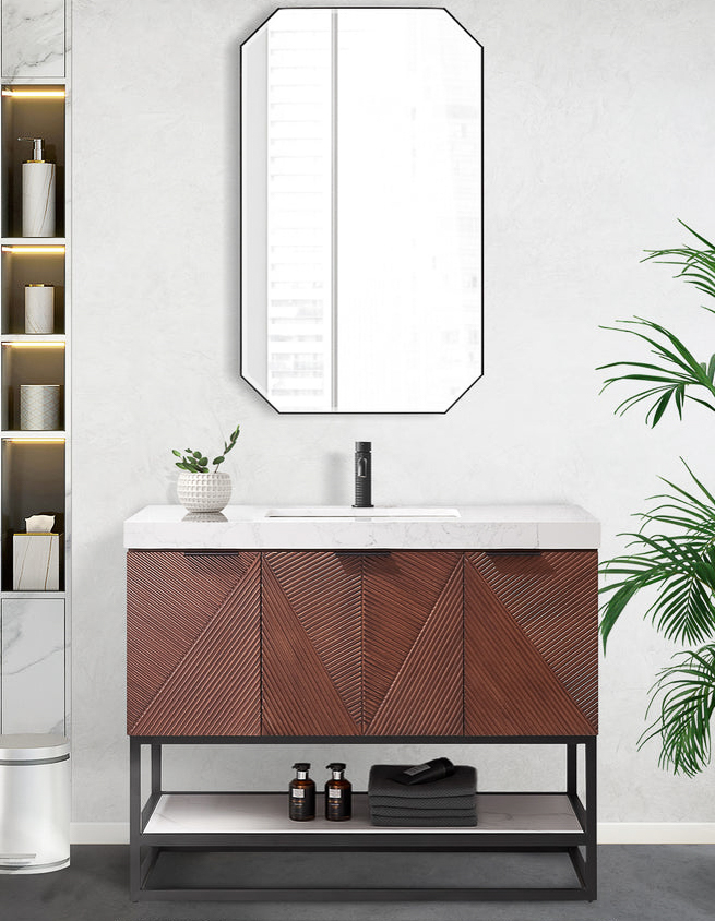 Issac Edwards 42B" Free-standing Single Bath Vanity in North American Deep Walnut with White Grain Composite Stone Top and Mirror