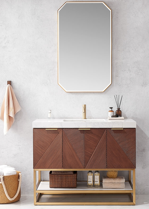 Issac Edwards 42G" Free-standing Single Bath Vanity in North American Deep Walnut with White Grain Composite Stone Top and Mirror