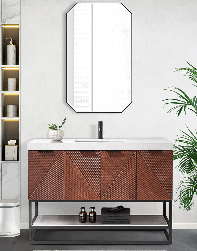 Issac Edwards 48B" Free-standing Single Bath Vanity in North American Deep Walnut with White Grain Composite Stone Top and Mirror