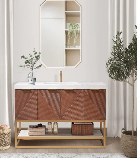 Issac Edwards 48G" Free-standing Single Bath Vanity in North American Deep Walnut with White Grain Composite Stone Top and Mirror