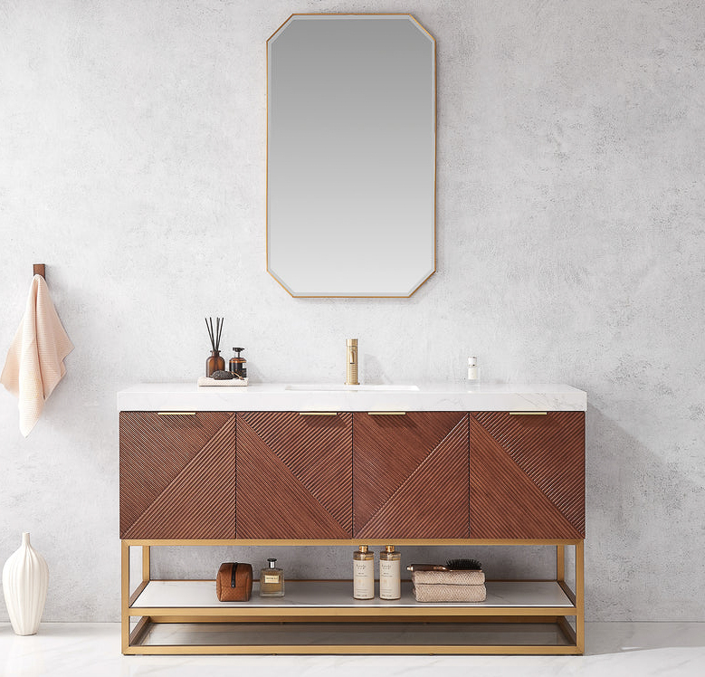 Issac Edwards 60G" Free-standing Single Bath Vanity in North American Deep Walnut with White Grain Composite Stone Top and Mirror