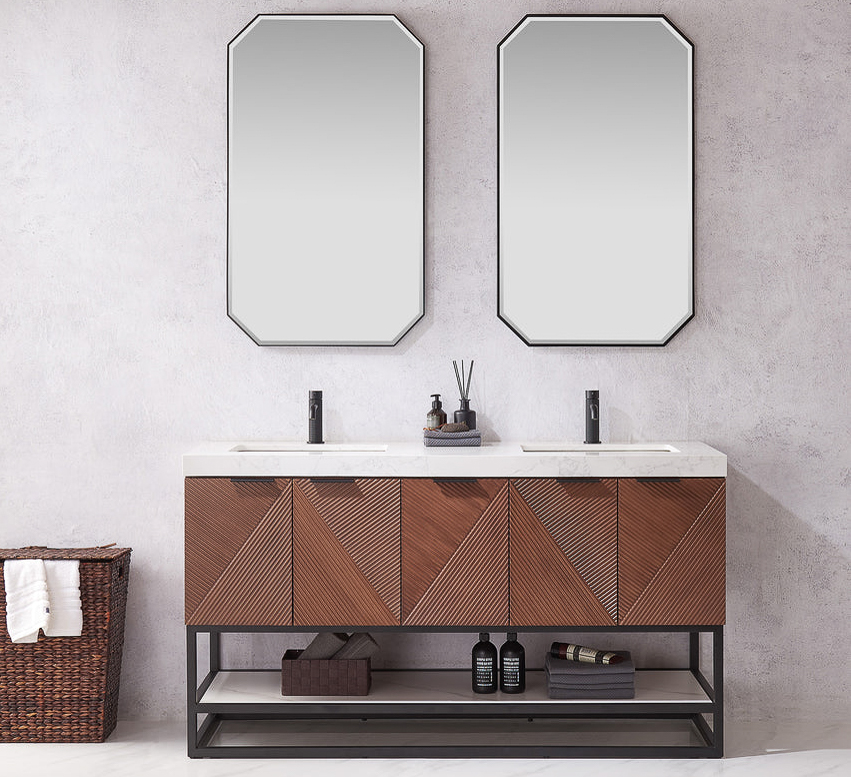 Issac Edwards 60MB" Free-standing Double Bath Vanity in North American Deep Walnut with White Grain Composite Stone Top and Mirror