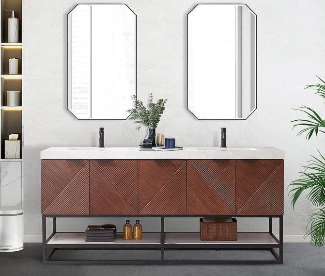 Issac Edwards 72B" Free-standing Double Bath Vanity in North American Deep Walnut with White Grain Composite Stone Top and Mirror