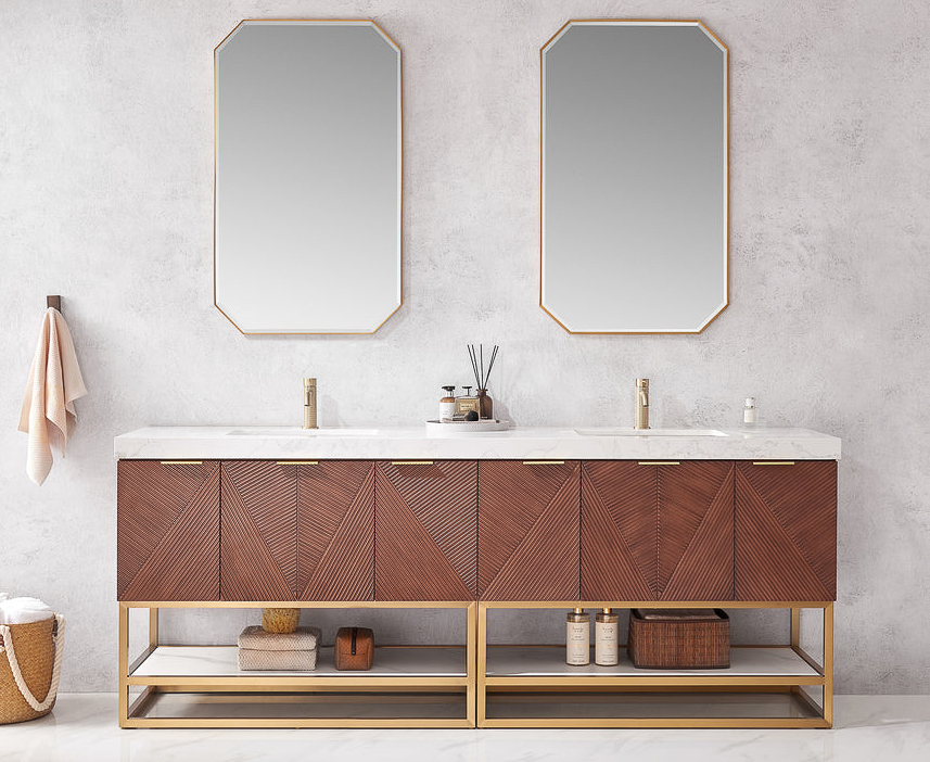 Issac Edwards 84G" Free-standing Double Bath Vanity in North American Deep Walnut with White Grain Composite Stone Top and Mirror