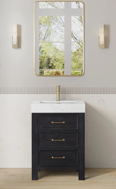 Issac Edwards 24in. Free-standing Single Bathroom Vanity in Fir Wood Black with Composite top in Lightning White and Mirror