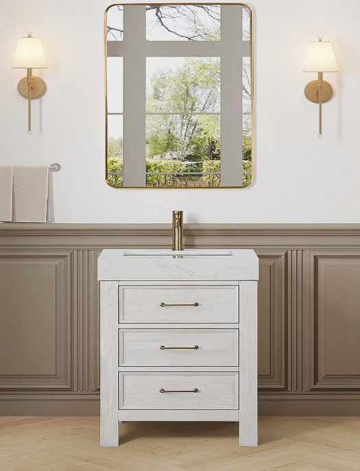 Issac Edwards 24in. Free-standing Single Bathroom Vanity in Washed White with Composite top in Lightning White and Mirror