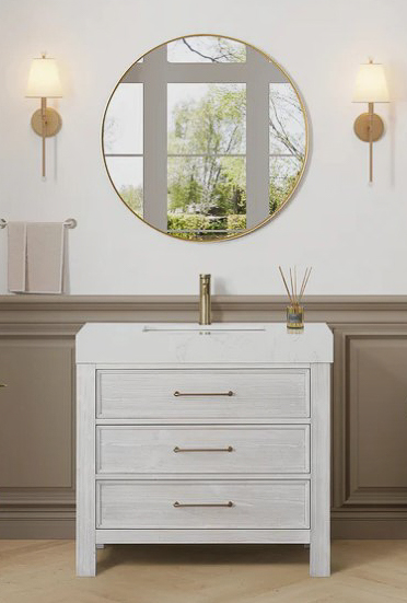 Issac Edwards 36in. Free-standing Single Bathroom Vanity in Washed White with Composite top in Lightning White and Mirror